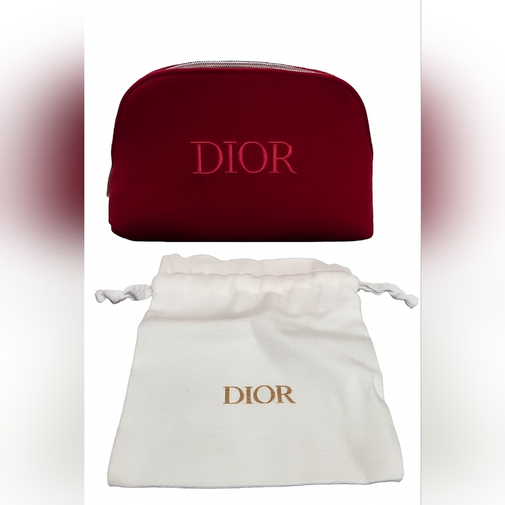 Dior Red Velvet Cosmetic Bag with White Pouch
